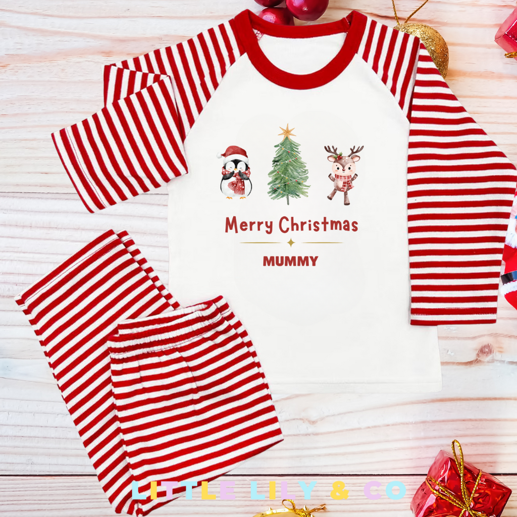 Personalised Merry Christmas Children's Pyjamas Red Striped Pyjamas - MATCHING FAMILY PYJAMAS