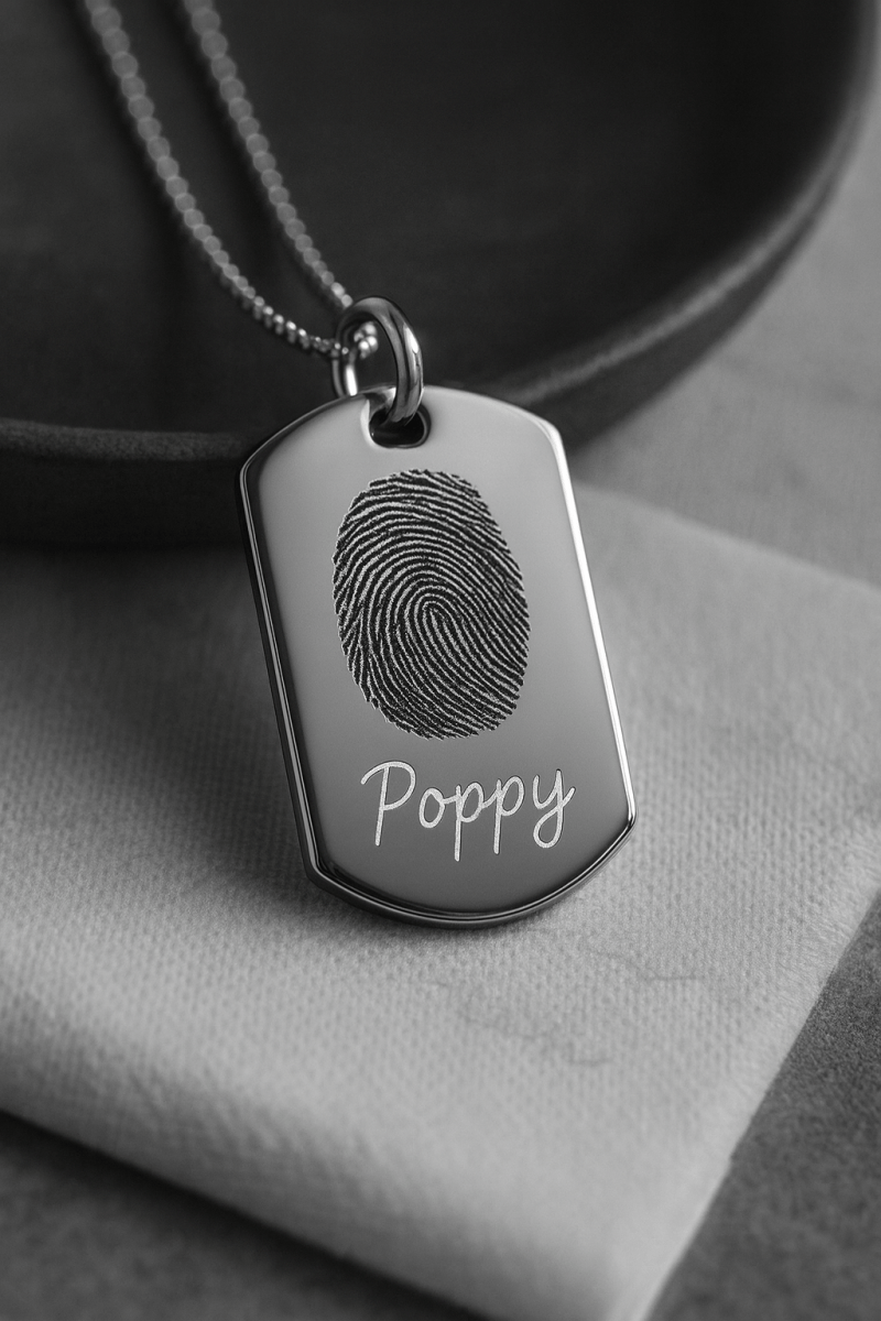 Handwriting Dog Tag – Custom Photo Pendant Engraved on Both Sides | Velvet Pouch Gift