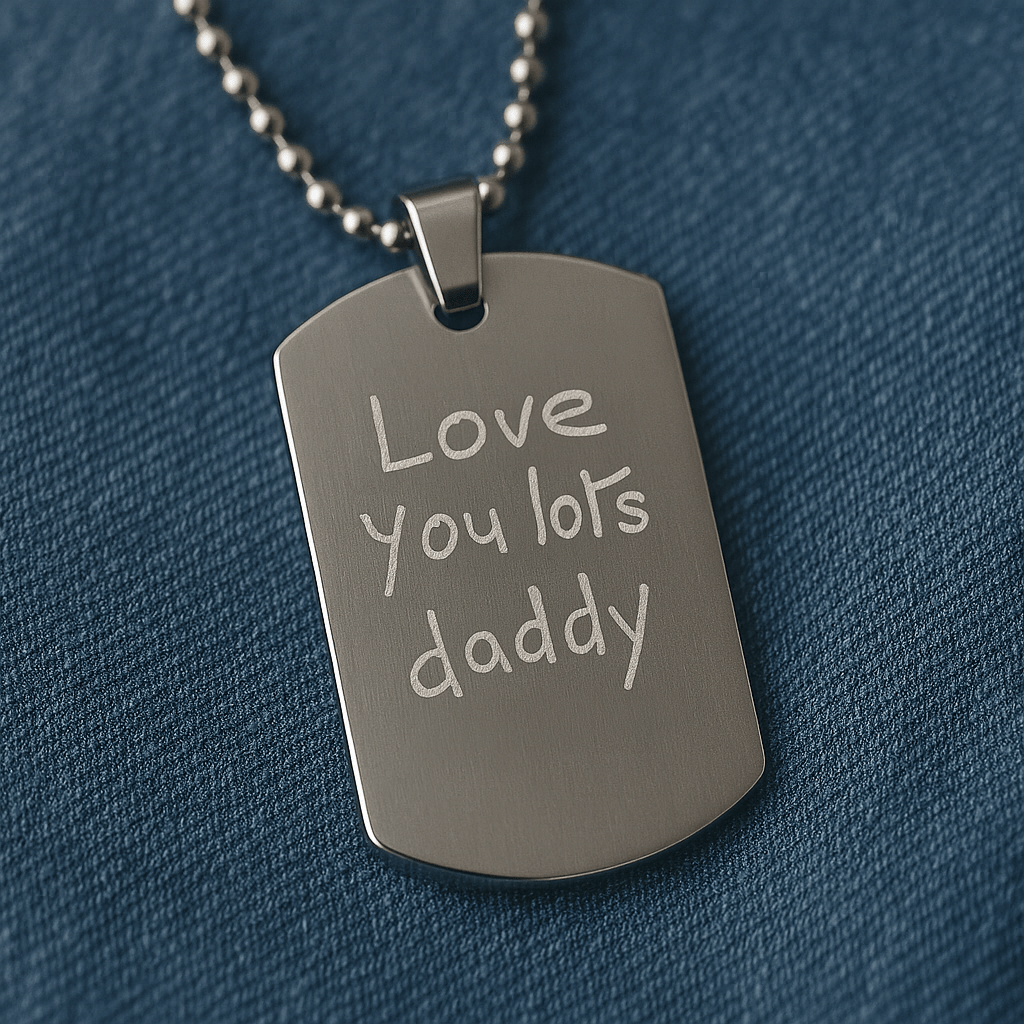 Handwriting Dog Tag – Custom Photo Pendant Engraved on Both Sides | Velvet Pouch Gift