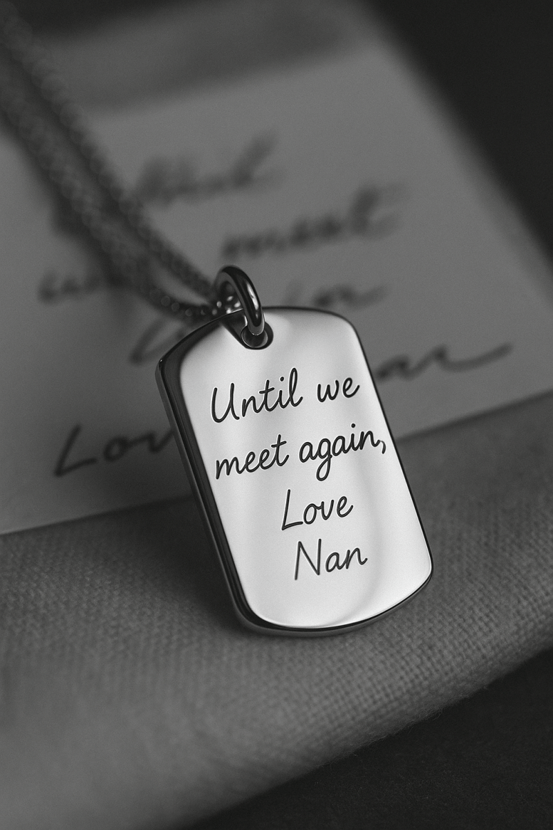 Handwriting Dog Tag – Custom Photo Pendant Engraved on Both Sides | Velvet Pouch Gift